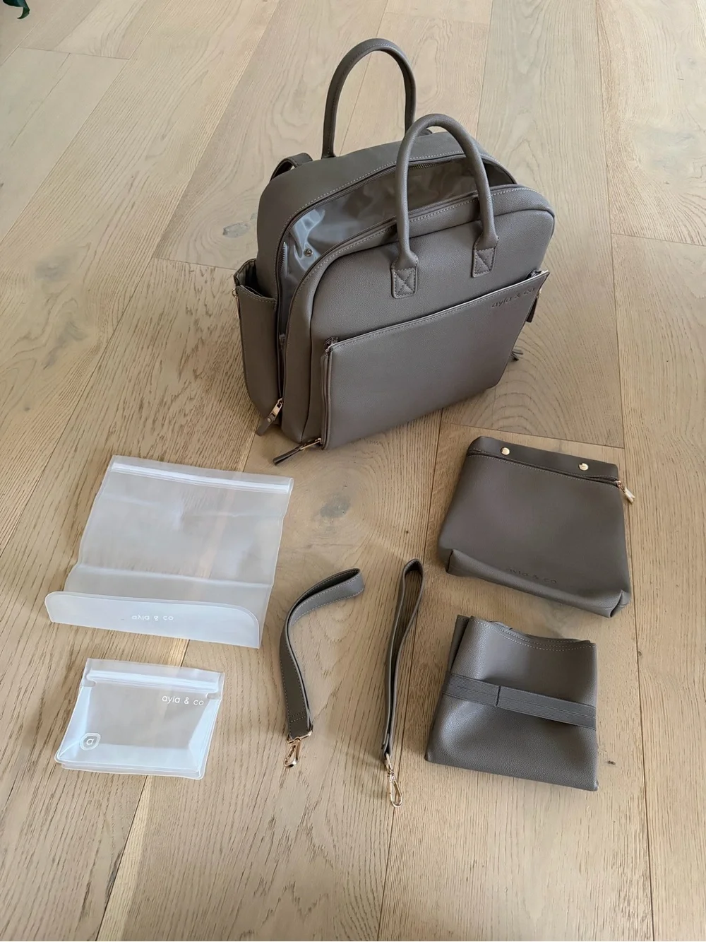 Ayla & Co ‘The Ayla’ taupe vegan leather diaper bag with accessories